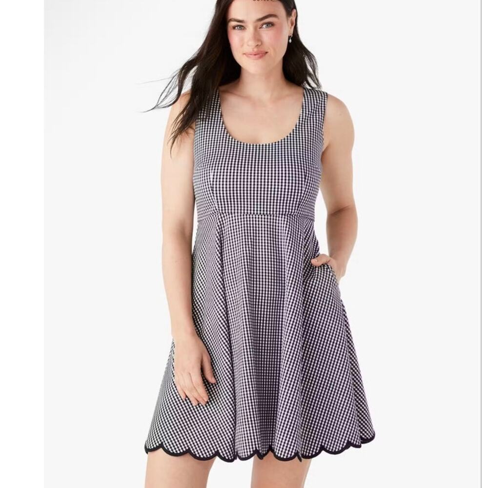 Kate Spade Jazzy Gingham Scalloped Ponte Dress Black White Sz M Picnic